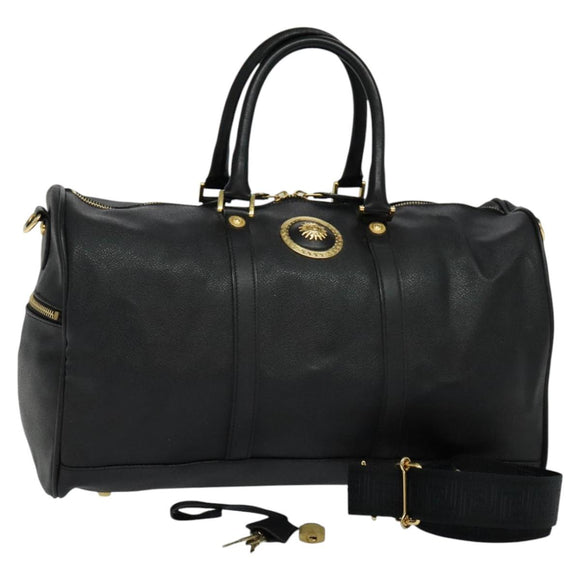 VERSACE Sunface Boston Bag Leather 2way Black Gold Auth ki5390V