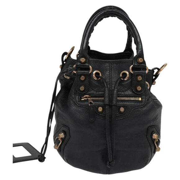 BALENCIAGA Giant Mini Pom Pom Hand Bag Leather 2way Black 285439 Auth ki5426V