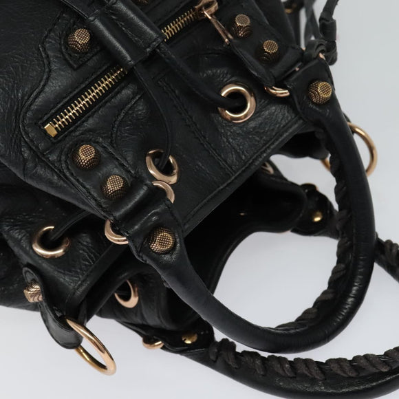 BALENCIAGA Giant Mini Pom Pom Hand Bag Leather 2way Black 285439 Auth ki5426V