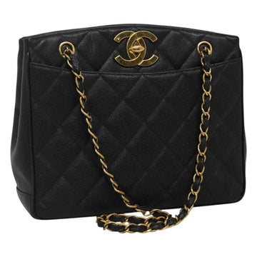 CHANEL Matelasse Chain Shoulder Bag Caviar Skin Black Gold CC Auth ki5432