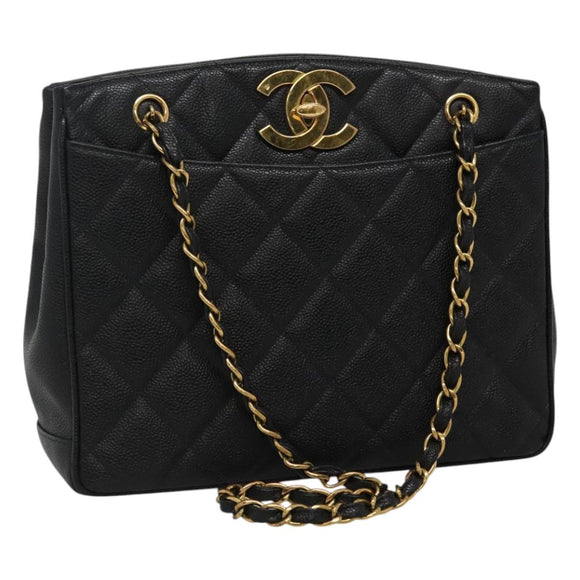 CHANEL Matelasse Chain Shoulder Bag Caviar Skin Black Gold CC Auth ki5432