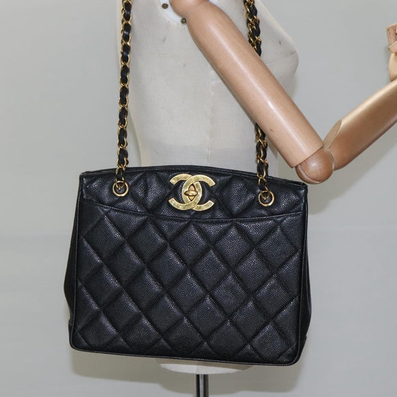 CHANEL Matelasse Chain Shoulder Bag Caviar Skin Black Gold CC Auth ki5432
