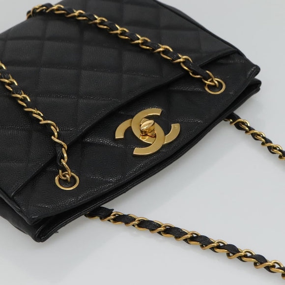 CHANEL Matelasse Chain Shoulder Bag Caviar Skin Black Gold CC Auth ki5432