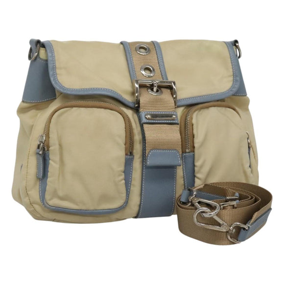PRADA Shoulder Bag Nylon Leather Beige Auth ki5455
