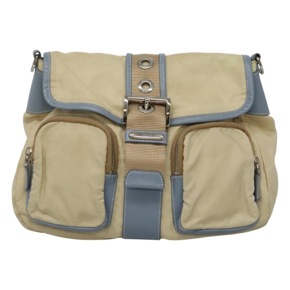 PRADA Shoulder Bag Nylon Leather Beige Auth ki5455