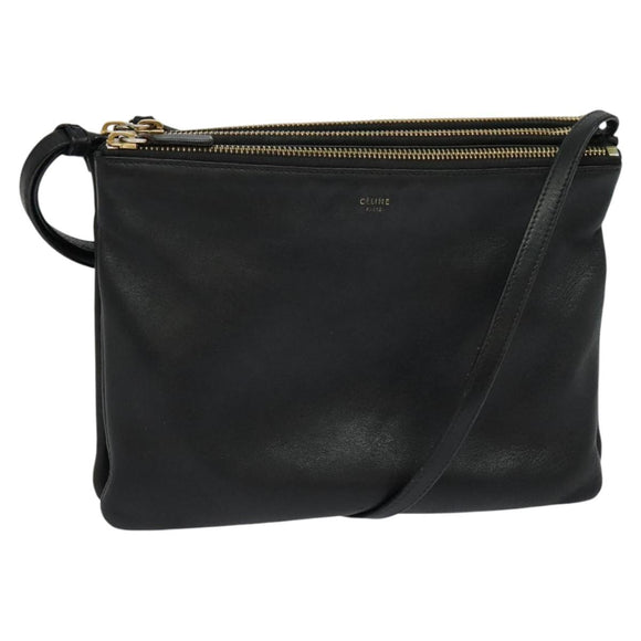 CELINE Trio bag Shoulder Bag Leather Black Gold Auth ki5590