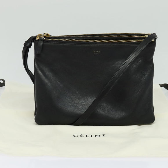 CELINE Trio bag Shoulder Bag Leather Black Gold Auth ki5590