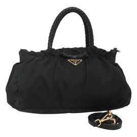 PRADA ribbon Hand Bag Nylon Leather 2way Black Gold Auth ki5666