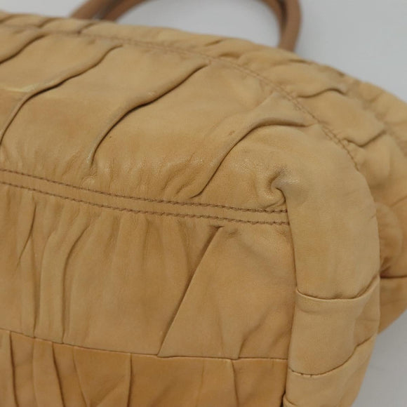 PRADA Gathered Tote Bag Leather Beige Gold Auth ki5670