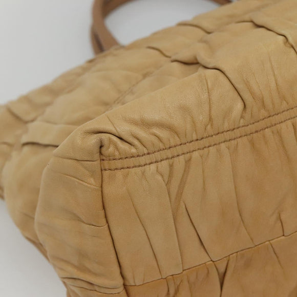 PRADA Gathered Tote Bag Leather Beige Gold Auth ki5670