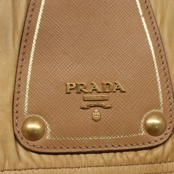 PRADA Gathered Tote Bag Leather Beige Gold Auth ki5670
