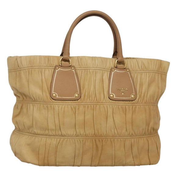 PRADA Gathered Tote Bag Leather Beige Gold Auth ki5670