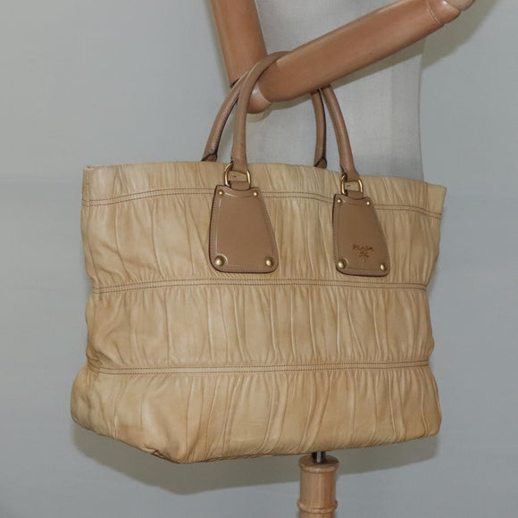 PRADA Gathered Tote Bag Leather Beige Gold Auth ki5670