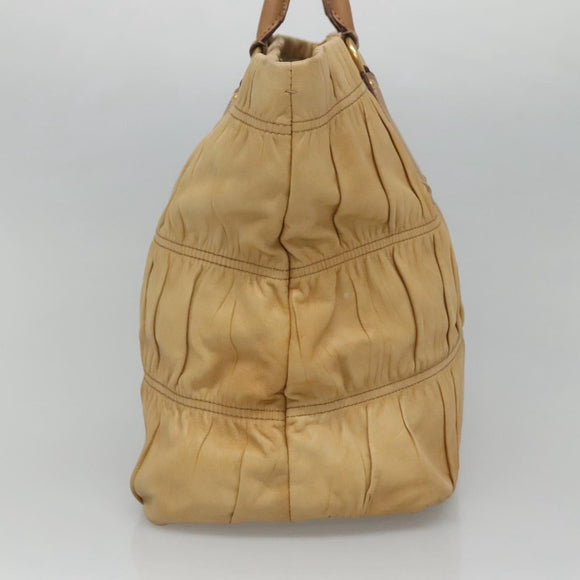 PRADA Gathered Tote Bag Leather Beige Gold Auth ki5670