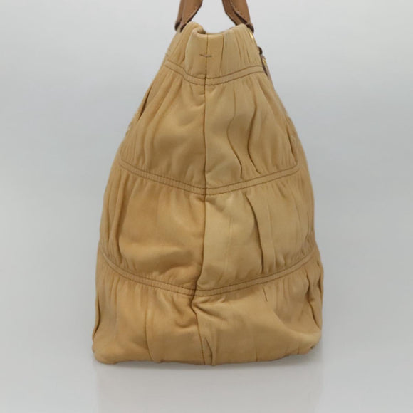 PRADA Gathered Tote Bag Leather Beige Gold Auth ki5670