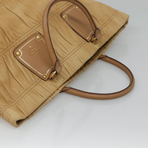 PRADA Gathered Tote Bag Leather Beige Gold Auth ki5670