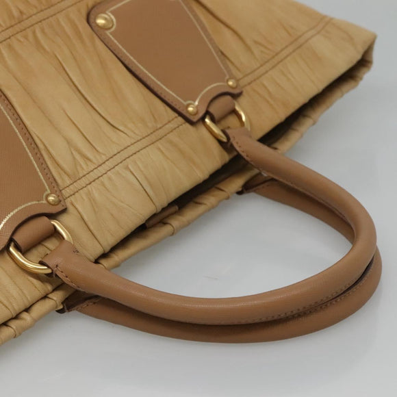 PRADA Gathered Tote Bag Leather Beige Gold Auth ki5670
