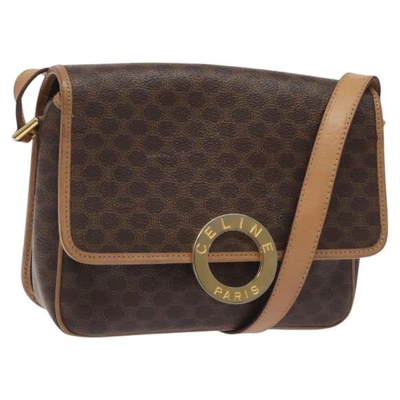 CELINE Macadam Canvas Shoulder Bag PVC Leather Brown Gold Auth ki5724