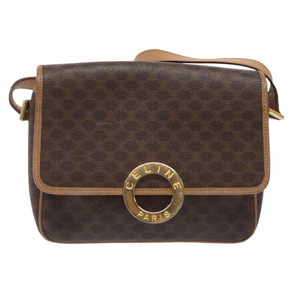 CELINE Macadam Canvas Shoulder Bag PVC Leather Brown Gold Auth ki5724