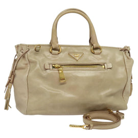 PRADA Hand Bag Leather 2way Beige Gold Auth ki5757