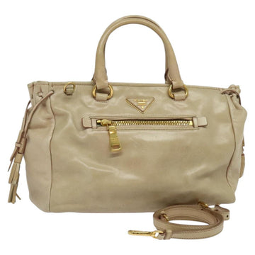 PRADA Hand Bag Leather 2way Beige Gold Auth ki5757