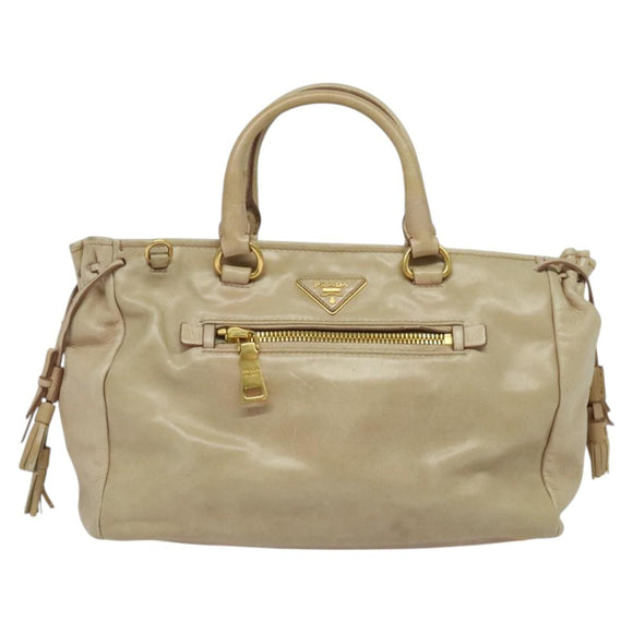 PRADA Hand Bag Leather 2way Beige Gold Auth ki5757