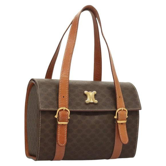 CELINE Macadam Canvas Hand Bag PVC Leather Brown Gold Auth ki5778