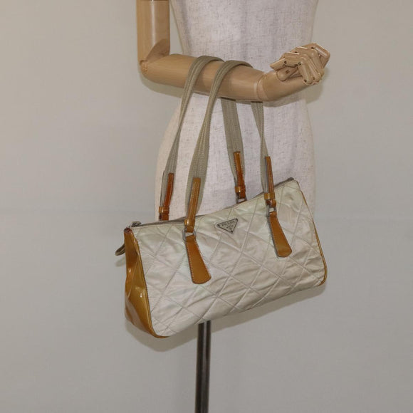PRADA Quilted Hand Bag Nylon Beige Silver Auth ki5791