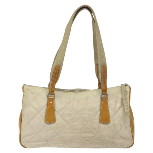 PRADA Quilted Hand Bag Nylon Beige Silver Auth ki5791