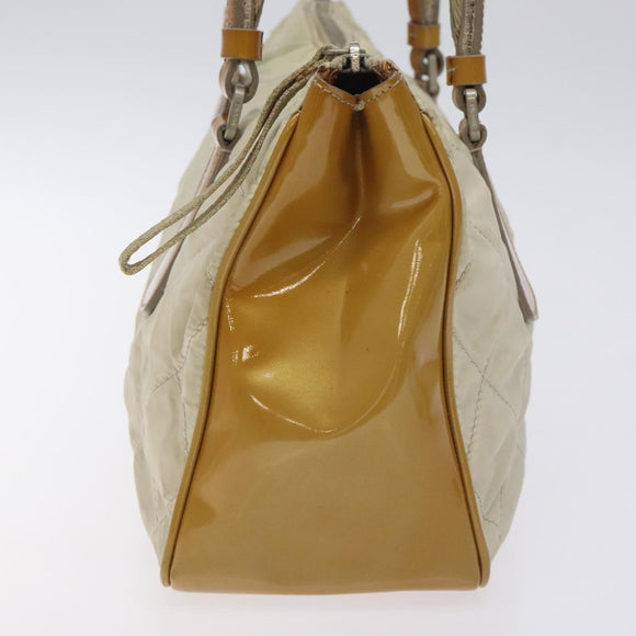 PRADA Quilted Hand Bag Nylon Beige Silver Auth ki5791