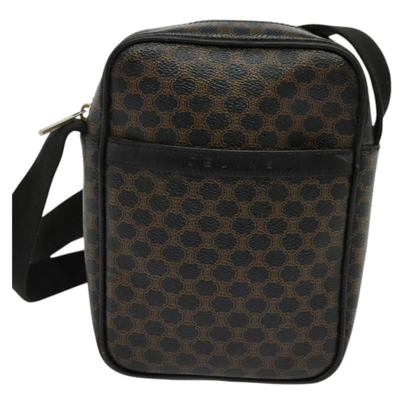 CELINE Macadam Canvas Shoulder Bag PVC Leather Black Gold Auth ki5807