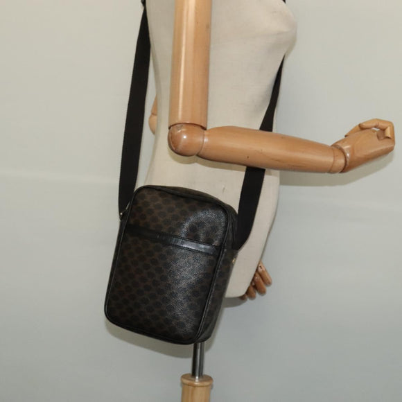 CELINE Macadam Canvas Shoulder Bag PVC Leather Black Gold Auth ki5807