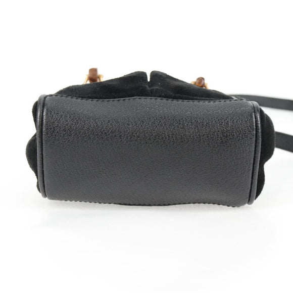 GUCCI Bamboo Hand Bag Suede 2way Black Gold 007 1793 0238 Auth ki5837