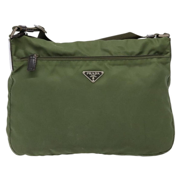 PRADA Shoulder Bag Nylon Khaki Silver Auth ki5844