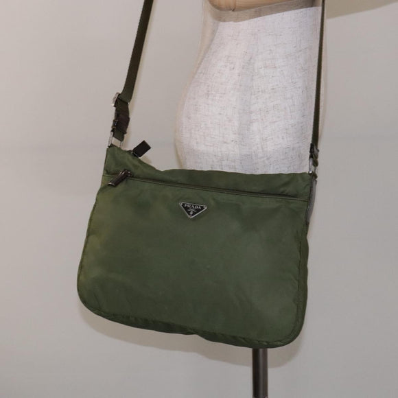 PRADA Shoulder Bag Nylon Khaki Silver Auth ki5844