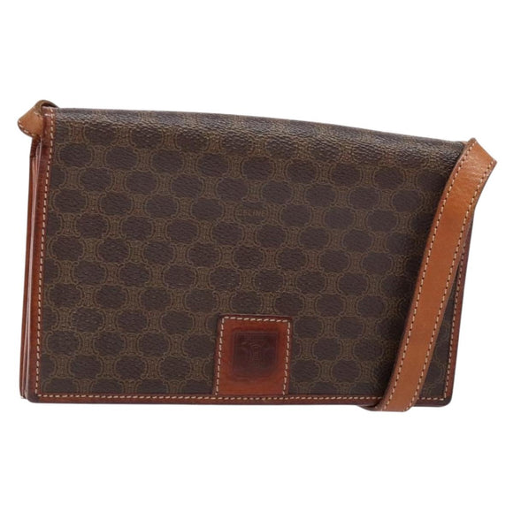 CELINE Macadam Canvas Shoulder Bag PVC Leather Brown Gold Auth ki5877