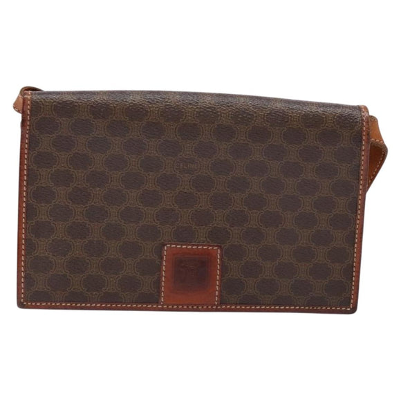 CELINE Macadam Canvas Shoulder Bag PVC Leather Brown Gold Auth ki5877