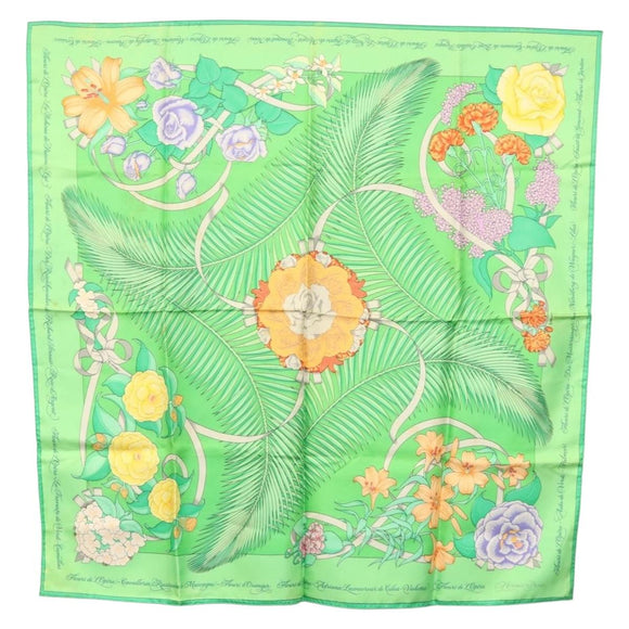 HERMES Carre 90 Scarf ""Fleurs de L'Opera"" Silk Green Auth ki5895