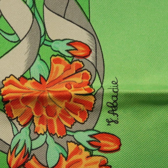 HERMES Carre 90 Scarf ""Fleurs de L'Opera"" Silk Green Auth ki5895