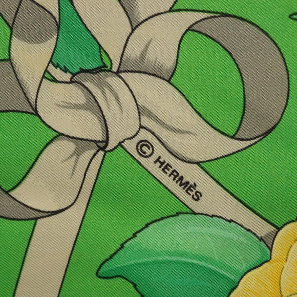 HERMES Carre 90 Scarf ""Fleurs de L'Opera"" Silk Green Auth ki5895