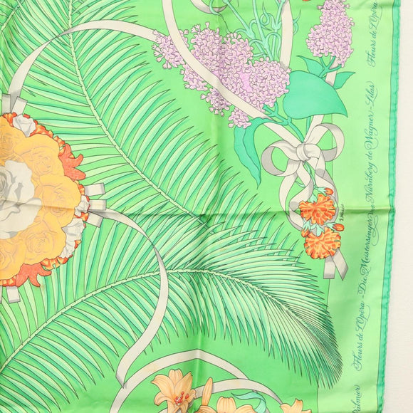 HERMES Carre 90 Scarf ""Fleurs de L'Opera"" Silk Green Auth ki5895