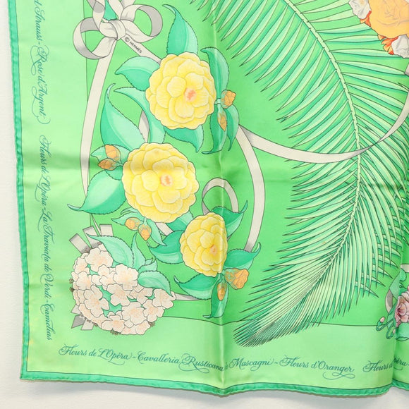 HERMES Carre 90 Scarf ""Fleurs de L'Opera"" Silk Green Auth ki5895