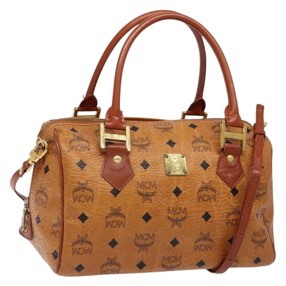MCM Logogram Vicetos Mini Boston Bag PVC Leather 2way Brown Gold Auth ki5897
