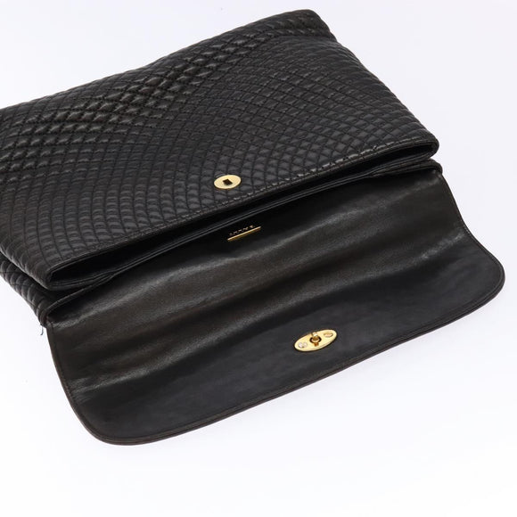 BALLY Matelasse Hand Bag Leather Black Gold Auth ki5898