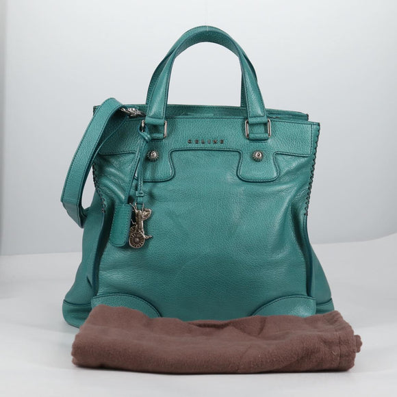 CELINE Hand Bag Leather 2way Turquoise Blue Silver Auth ki5907A