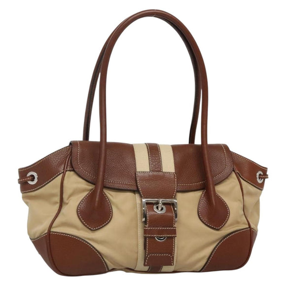 PRADA Shoulder Bag Nylon Leather Beige Silver Auth ki5925