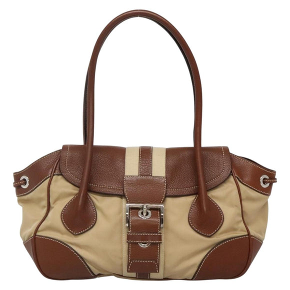 PRADA Shoulder Bag Nylon Leather Beige Silver Auth ki5925