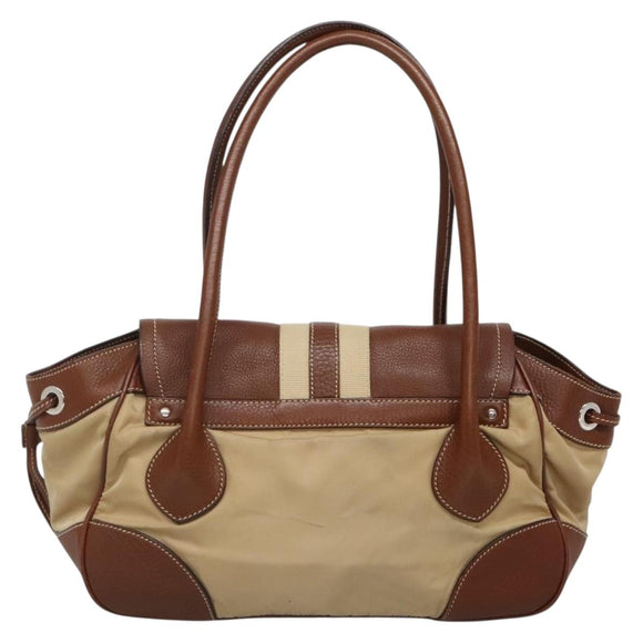 PRADA Shoulder Bag Nylon Leather Beige Silver Auth ki5925