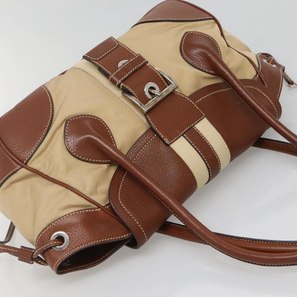 PRADA Shoulder Bag Nylon Leather Beige Silver Auth ki5925