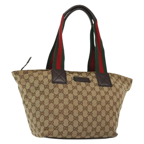 GUCCI GG Canvas Web Sherry Line Tote Bag Beige Green Red 131230 Auth ki5944